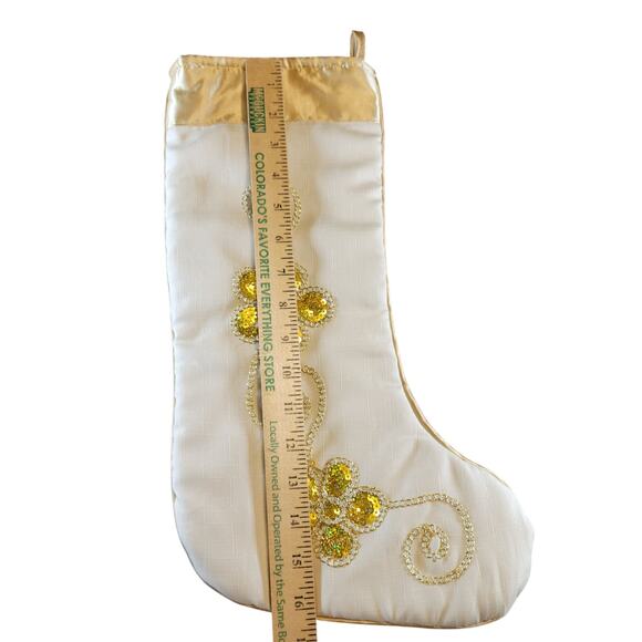 Gold White Christmas Stocking Sequin Floral 17" Satin Beaded Holiday Decor - Picture 4 of 12